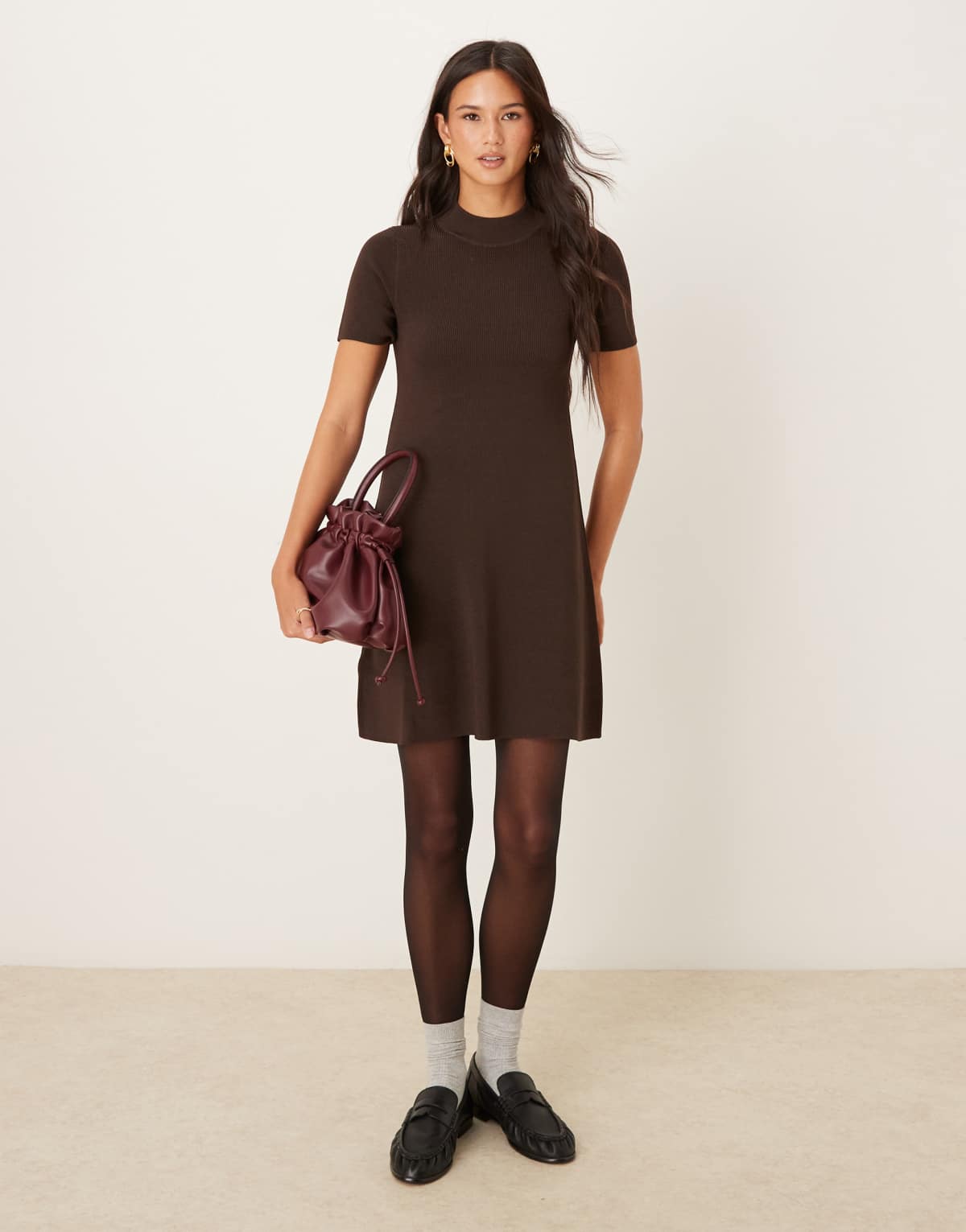 Mango knitted high neck short sleeve mini dress in brown