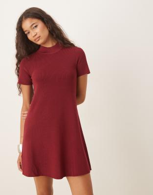 Mango knitted high neck short sleeve mini dress in dark red