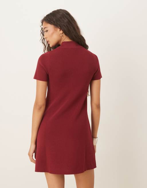 Mango knitted high neck short sleeve mini dress in dark red, 3 of 4