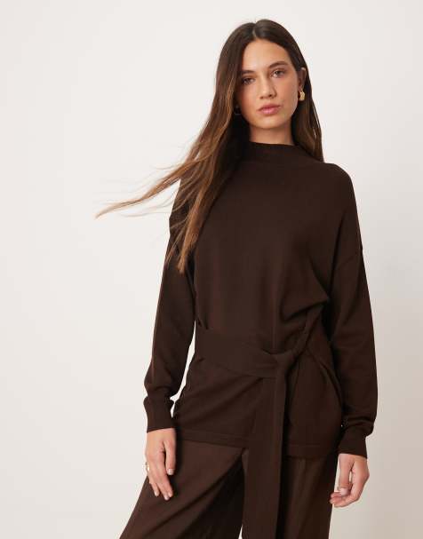 Mango knitted high neck tie waist jumper in dark brown - view 1