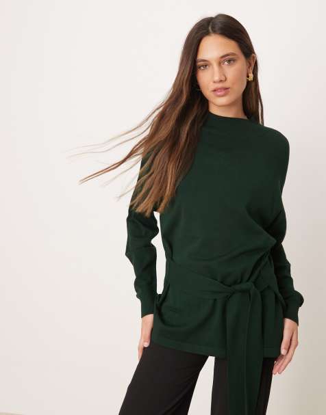 Mango knitted high neck tie waist jumper in khaki - view 1