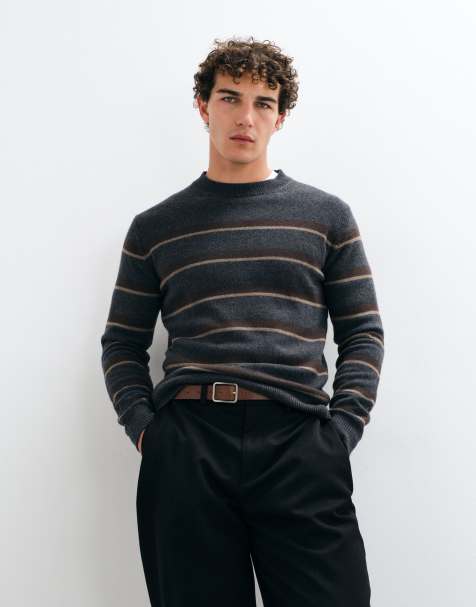 Mango knitted jumper in dark grey stripe - view 1