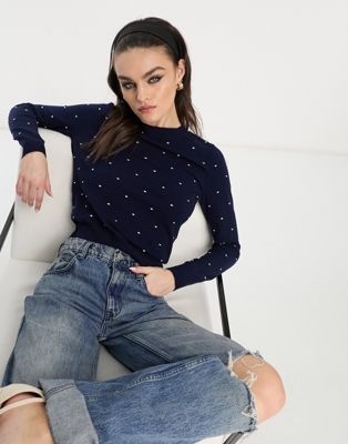 Mango knitted jumper with pearl embellishments in navy