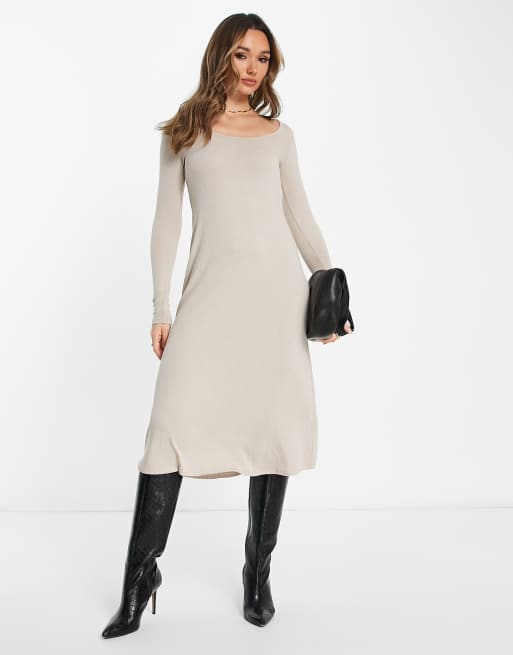 Mango knitted long sleeve midi dress in light brown