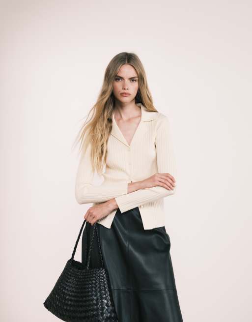 Mango knitted long sleeve polo top in beige, 4 of 5
