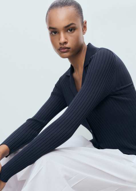 Mango knitted long sleeve polo top in navy - view 1