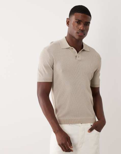 Mango knitted micro striped poloshirt in ecru - view 1