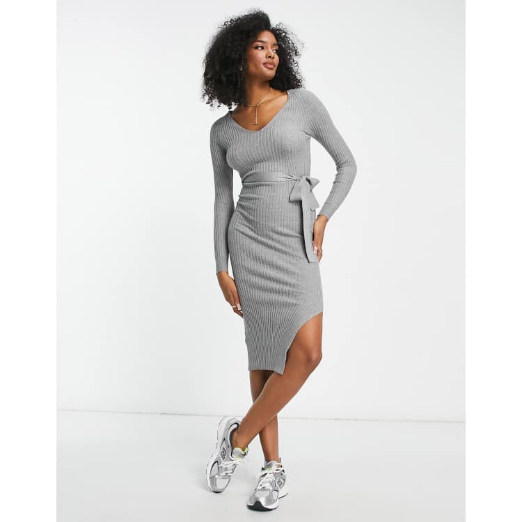 Mango knitted midi dress with tie waist in gray