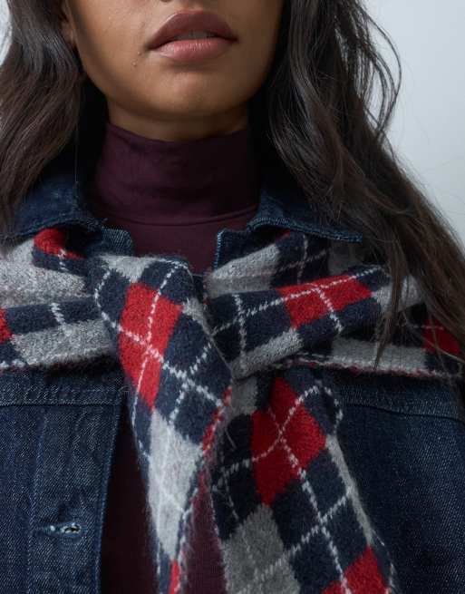 Mango knitted neck scarf in red argyle print, 2 of 5