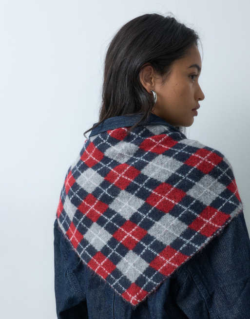 Mango knitted neck scarf in red argyle print, 5 of 5