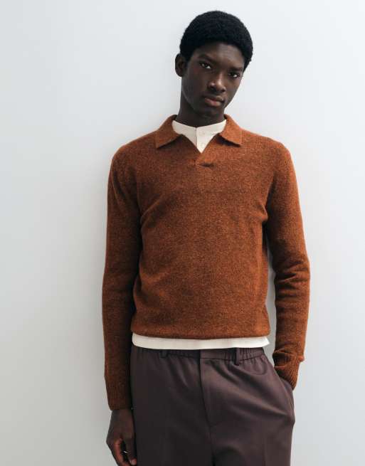 Mango knitted notch-collar polo sweater in burnt orange, 2 of 9