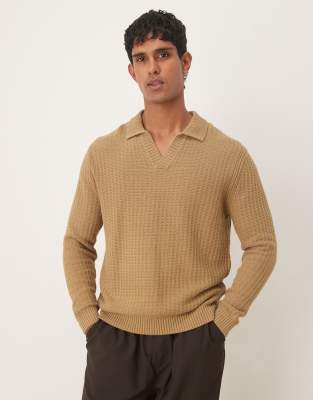 Mango knitted open collar polo shirt in beige-Neutral