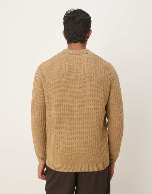 Mango knitted open collar polo shirt in beige, 3 of 5