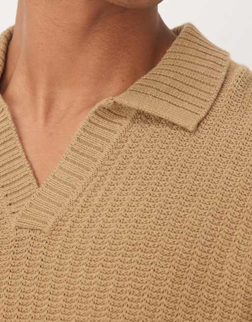 Mango knitted open collar polo shirt in beige, 5 of 5