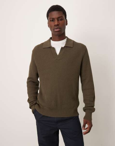 Mango knitted open collar polo shirt in dark green - view 1