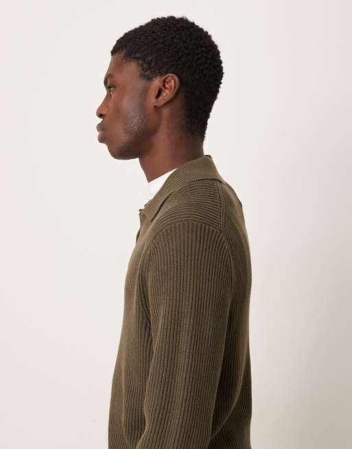 Mango knitted open collar polo shirt in dark green, 4 of 5