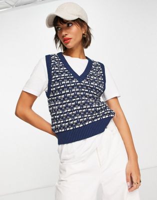 Mango knitted patterned vest in navy