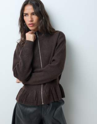 Mango knitted peplum hem zip through jacket in chocolate | ASOS