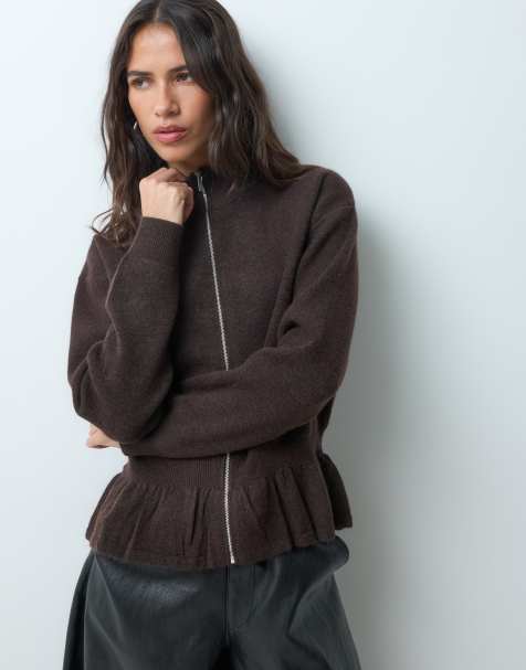 Mango knitted peplum hem zip through jacket in chocolate - view 1
