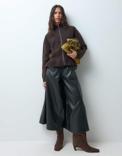 Mango knitted peplum hem zip through jacket in chocolate, 2 of 4