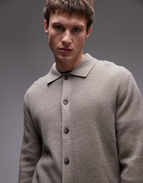 Mango knitted polo cardigan in beige - view 1