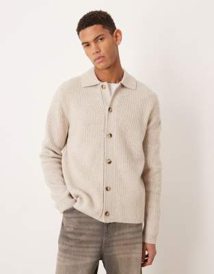 Mango knitted polo cardigan in beige-Neutral