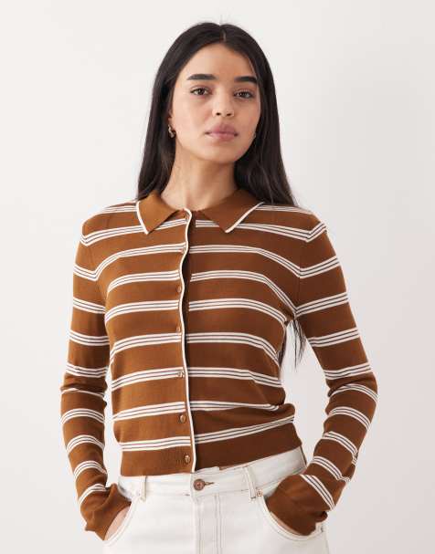 Mango knitted polo cardigan in brown stripe - view 1