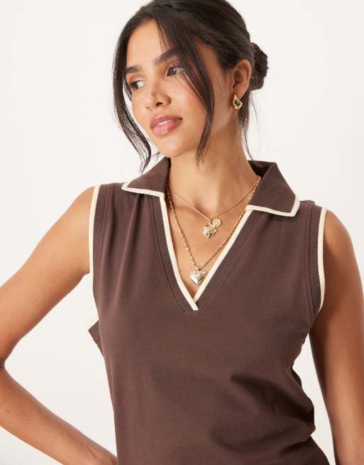 Mango knitted polo dress in brown with cream edging, 3 of 4