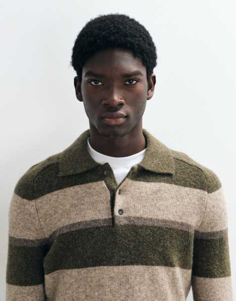 Mango knitted polo jumper in green stripe - view 1