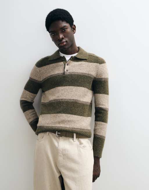 Mango knitted polo jumper in green stripe, 2 of 5