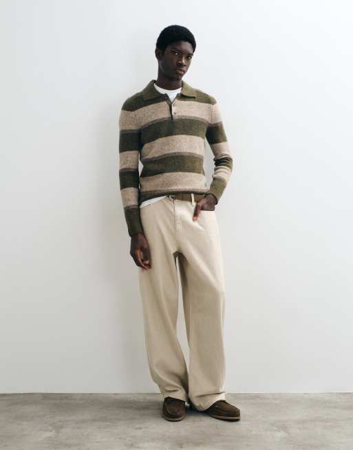 Mango knitted polo jumper in green stripe, 3 of 5