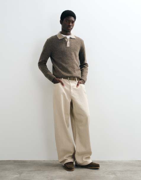 Mango knitted polo jumper with contrast collar in brown - view 1
