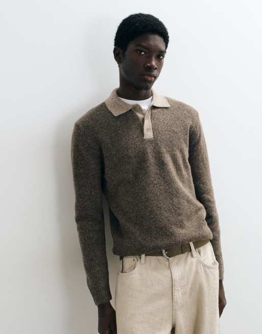 Mango knitted polo jumper with contrast collar in brown, 2 of 5