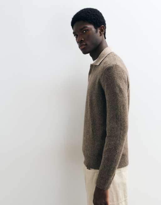 Mango knitted polo jumper with contrast collar in brown, 4 of 5