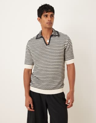 Mango knitted polo shirt in black and white stripe