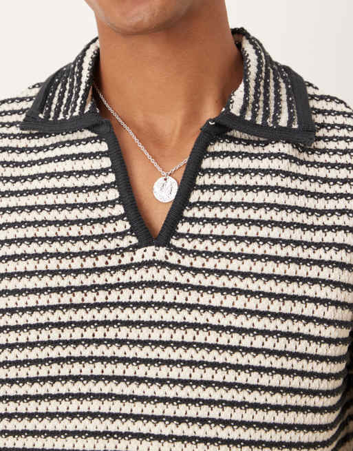 Mango knitted polo shirt in black and white stripe