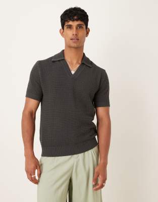 Mango knitted polo shirt in charcoal-Grey