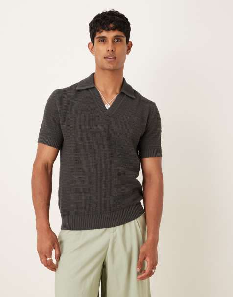 Mango knitted polo shirt in charcoal - view 1
