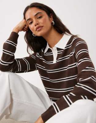 Mango Knitted Polo Top In Brown