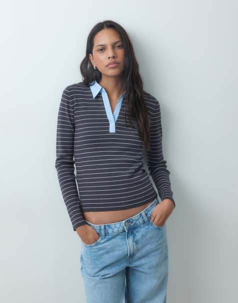 Mango knitted polo top in grey stripe - view 1