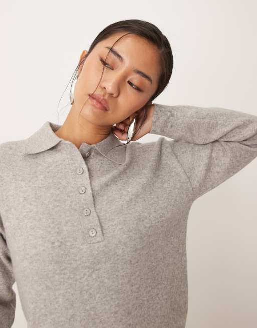 Mango knitted polo top in light grey | ASOS