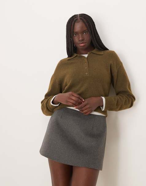 Mango knitted polo top in light khaki - view 1