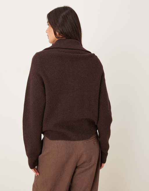 Mango knitted quarter zip jumper in brown