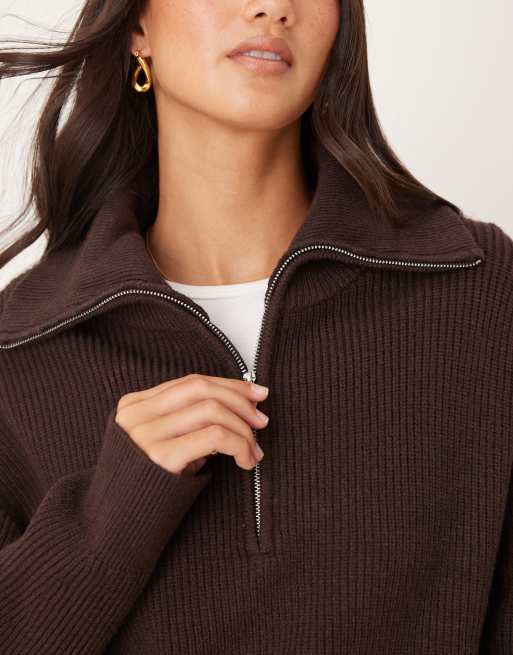 Mango knitted quarter zip jumper in brown