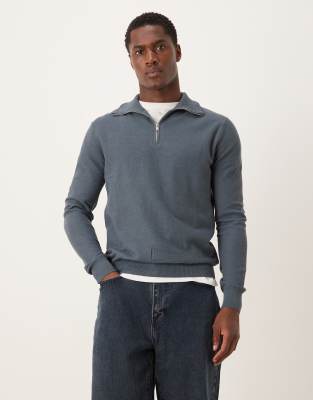 Mango Mango knitted quarter zip jumper in dark blue