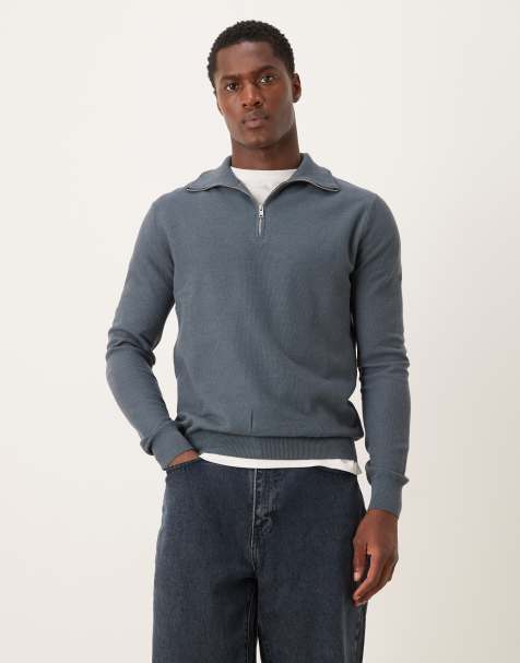 Mango knitted quarter zip jumper in dark blue - view 1