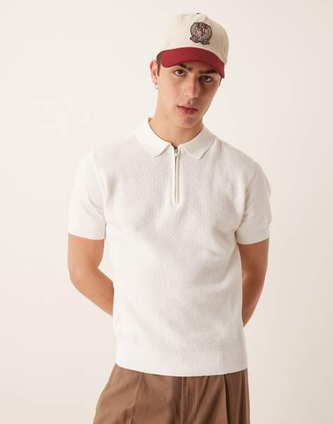 Mango knitted quarter zip polo top in white - view 1