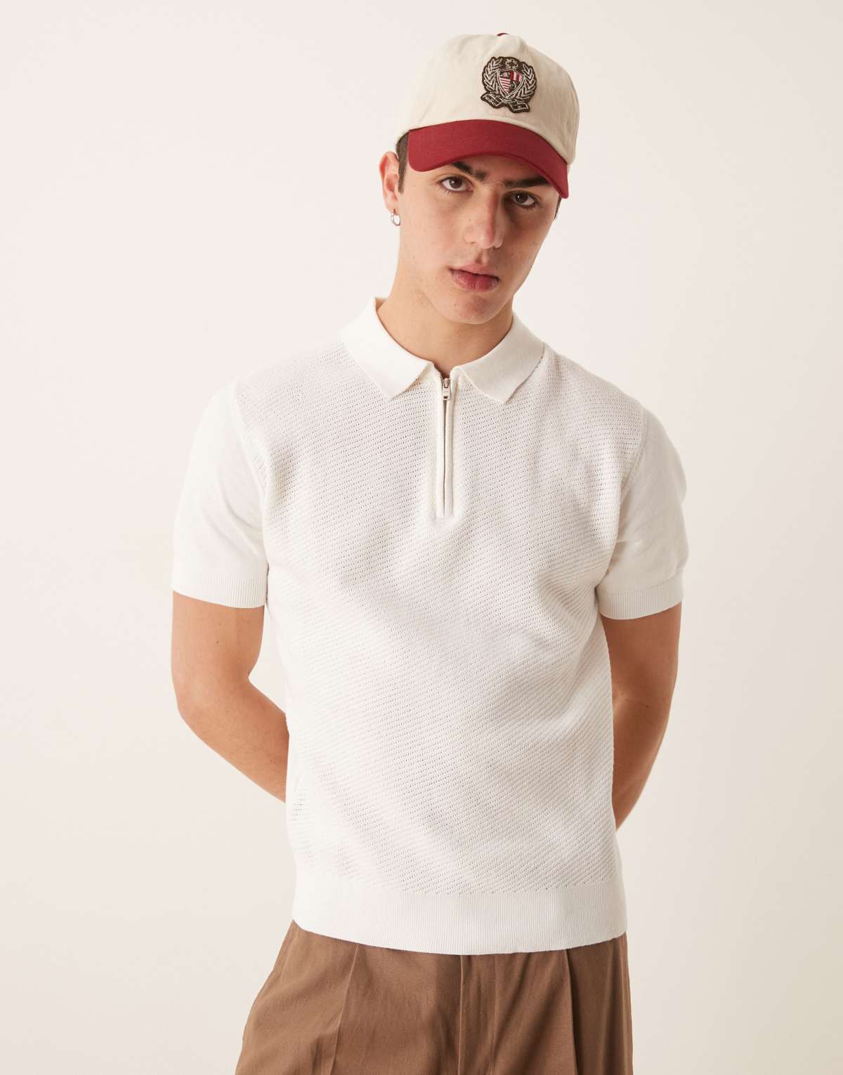 Mango knitted quarter zip polo top in white