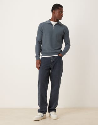 Mango Knitted Quarter Zip Sweater In Blue