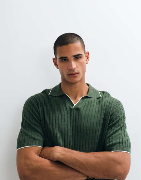 Mango knitted revere collar contrast tipping polo top in khaki - view 1